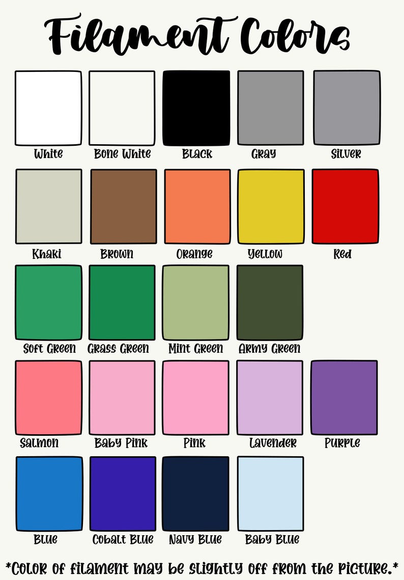 Puede incluir: Una carta de colores titulada "Filament Colors" muestra una variedad de colores, incluyendo blanco, negro, gris y plateado. Otros colores incluyen caqui, marr&oacute;n, naranja, amarillo, rojo, verde, rosa, azul y morado. El texto en la parte inferior indica que el color del filamento puede variar ligeramente.