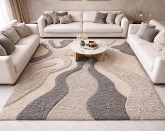 Neutral Abstract Hand Tufted Rug | Modern Beige Grey Area Rug | Minimalist Wavy Carpet