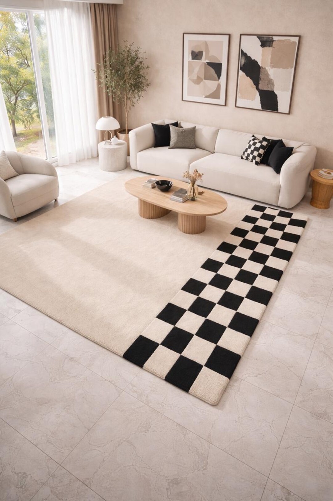 Markered Rug Checkered Border Hand Tufted Rug | Minimalist Beige Black Area Rug ...
