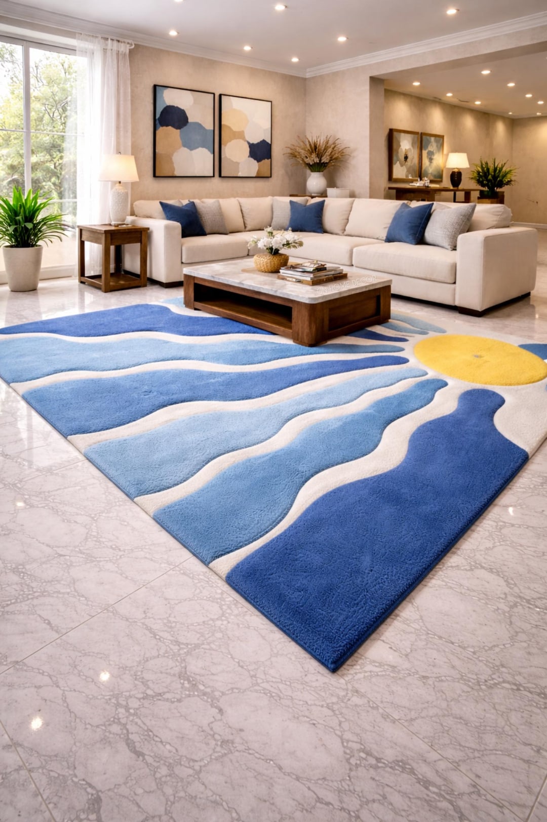 Hand Tufted Blue Wave Area Rug | Abstract Coastal Living Room Carpet - Etsy