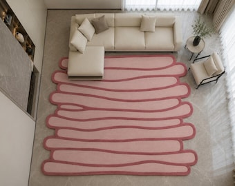 Pink Wavy Line Rug | Hand Tufted Abstract Rug