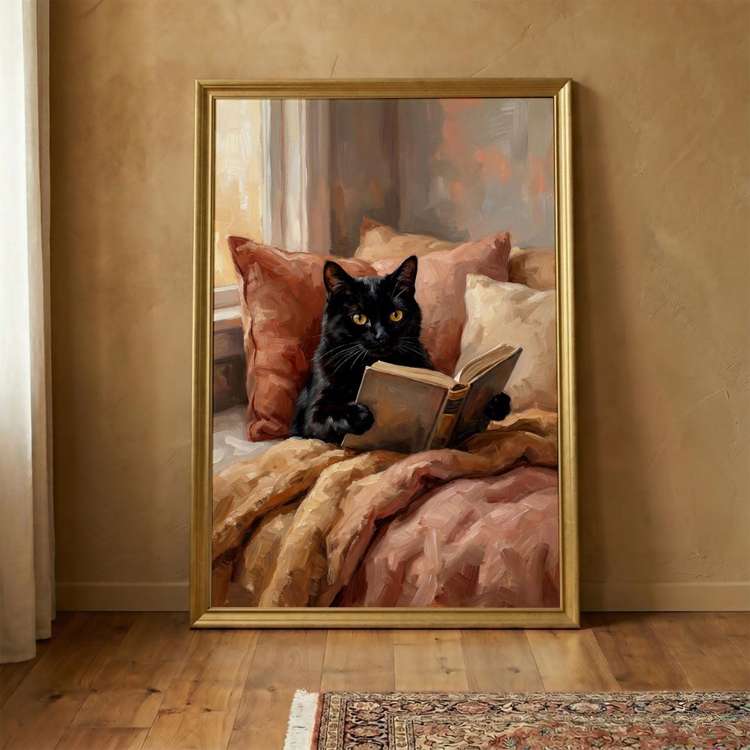 Black Cat Reading Art Print, Cozy Book Nook Decor, Whimsical Bedroom ...