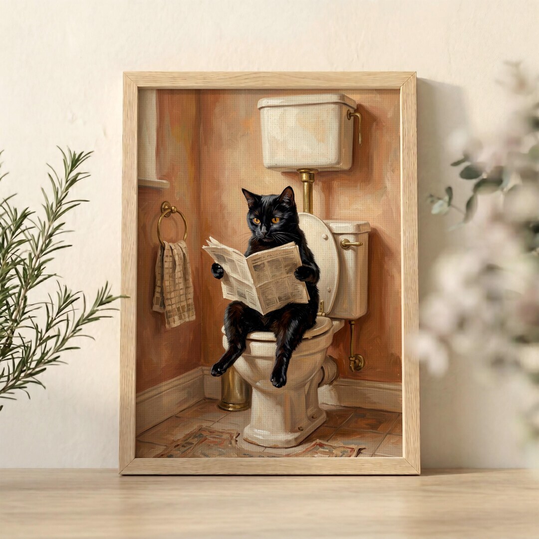 Black Cat Reading Newspaper on Toilet Printable Art (digital Download ...