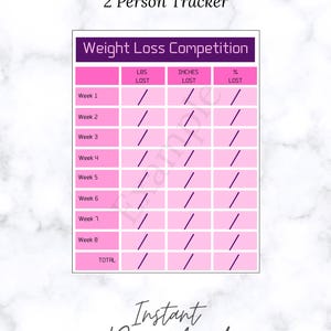 以下が含まれることがあります： 「8 Week Weight Loss Challenge」と「2 Person Tracker」の文字が入った、ピンクと紫の減量トラッカー。8週間にわたる体重減少をポンド、インチ、パーセントで記録するセクションが含まれています。「Instant Download」の文字も表示されています。