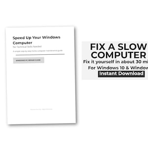 以下が含まれることがあります： 「Speed Up Your Windows Computer」というタイトルの白いドキュメント。テキストは「No Technical Skills Needed」で、「WINDOWS PC REPAIR GUIDE」と書かれたボタンがあります。その隣には、「FIX A SLOW COMPUTER」と「Instant Download」と書かれた白いバナーがあります。