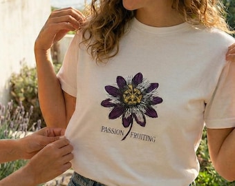 Passionsfrukt-T-shirt, Botanisk passionsblomma med grafisk design, Bomullsskjorta i Komfortfärger