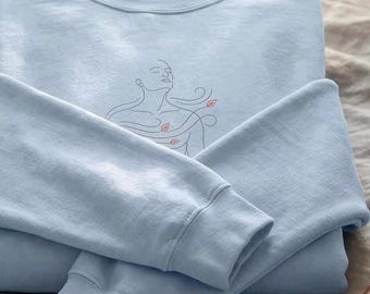 Line Art Woman Sweatshirt | Minimalist Breathing Design, Light Blue Crewneck