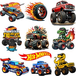 Puede incluir: Una colección de ilustraciones de camiones monstruo y coches de carreras Hot Wheels. Las imágenes presentan colores vibrantes, llamas y diseños estilizados. La colección incluye un camión monstruo rojo, un neumático en llamas y un camión con temática de dinosaurios.