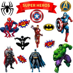 以下が含まれることがあります： スパイダーマン、キャプテン・アメリカ、アイアンマン、バットマン、ハルク、ソーなど、スーパーヒーローのイラストのコレクション。画像には、「BOOM！」や「POW！」などのテキストを含む吹き出しや、「SUPER HEROES」と書かれたバナーなど、漫画スタイルの要素が含まれています。