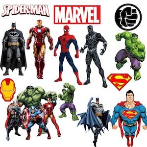 May include: A collection of superhero characters including Batman, Iron Man, Spider-Man, Black Panther, Hulk, and Superman. The Marvel logo and other superhero symbols are also present. The characters are in full color.