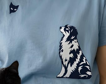 Australian Shepherd / Border Collie and Cat Peeking T-shirt | Minimal Dog and Kitty Silhouette Tee