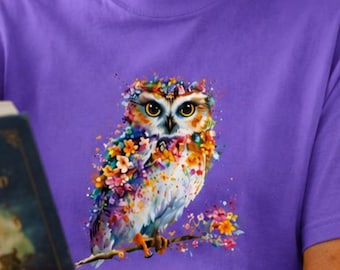 Watercolor Floral Owl T-shirt, Colorful Bird Illustration, Birthday Gift