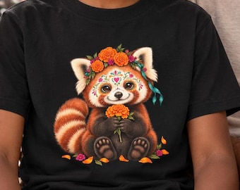 Youth Red Panda Flower Crown Tee, Autumn Woodland Shirt (Garment-Dyed Cotton)