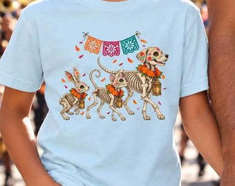 Youth Day of the Dead Skeleton Rabbit Dog Cat T-Shirt, Kids Mexican Sugar Skull Animals Shirt, Dia de los Muertos
