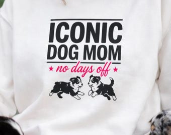 Iconic Dog Mom Crewneck, Playful Pup Print Sweatshirt