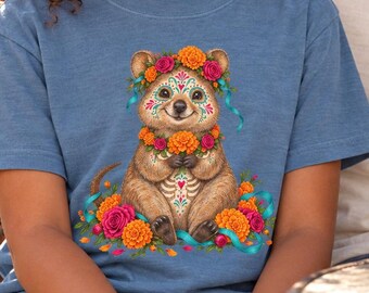 Youth Floral Sugar Skull Quokka Youth Tee, Day of the Dead Marsupial Shirt, Marigold Art, Dia de los Muertos