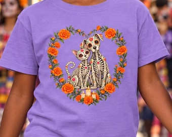 Youth Sugar Skull Cats Youth Tee | Day of the Dead Floral Wreath