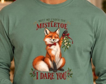 Adult Christmas Fox Long Sleeve Shirt, Mistletoe Illustration, Garment-Dyed Cotton