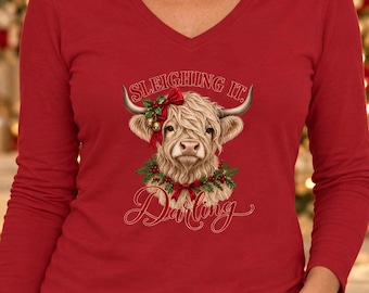 Women's Highland Cow Sleighing It Darling V-Neck T-Shirt, Christmas Scottish Cow