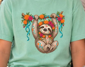 Youth Sugar Skull Sloth Hanging From floral Garland Tee | Day of the Dead Kids Shirt, Halloween, Dia de los Muertos