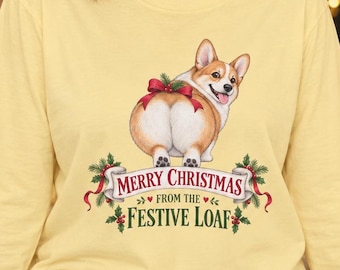 Adult Festive Corgi Christmas Long Sleeve Tee, Holiday Dog Illustration, Garment-Dyed Cotton