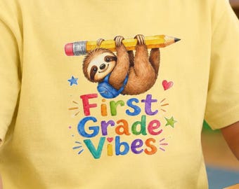 Youth T-shirt Sloth Holding Pencil First Grade Vibes Tee, Back-To-School