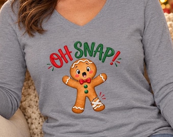 Women's Oh Snap Gingerbread Cookie Long Sleeve V-Neck Tee, Christmas Holiday Shirt
