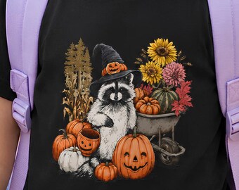 Youth Raccoon in Witch Hat Halloween Tee | Pumpkin Harvest Kids Shirt