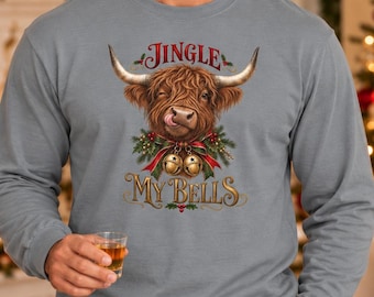 Adult Highland Cow 'Jingle My Bells' Long Sleeve Shirt, Christmas Holiday Tee, Novelty