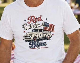 Red White & Blue Flag Truck T-Shirt | Patriotic Fourth of July Tee
