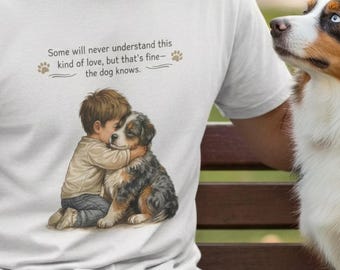 Australian Shepherd and Boy Hugging Dog illustration T-shirt | Heartwarming Vintage Pet Art