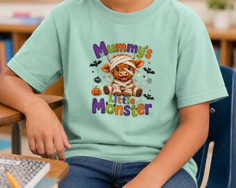 Kids Mummy's Little Monster Youth Tee, Cute Halloween Highland Cow Design