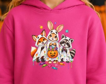 Youth Halloween Animals Hoodie, Fox Bunny Raccoon Ghosts Pumpkin, Kids Pullover