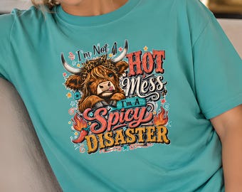Hot Mess Spicy Disaster T-shirt | Cowgirl Highland Cow Chili Pepper Graphic