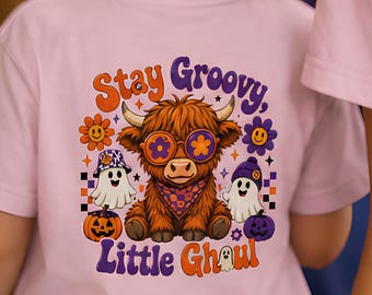 Kids Stay Groovy Little Ghoul T-shirt, Groovy Ghosts and Highland Cow, Matching Adult Version Available