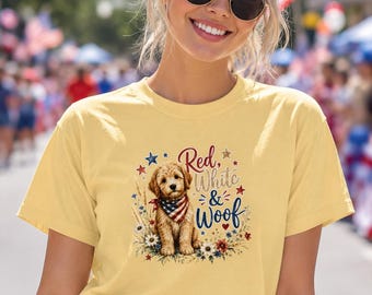 Red White & Woof Puppy T-Shirt, Patriotic Dog Graphic 4th of July
