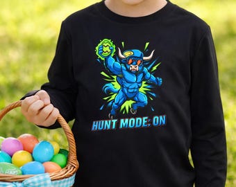 Kids Highland Cow Lover 'Egg Catcher' Graphic Youth Long Sleeve Shirt | "Hunt Mode On"