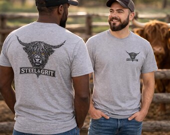 Camiseta con emblema de vaca de las Tierras Altas con alambre de púas en el pecho, vaca "Acero y coraje" en la espalda.