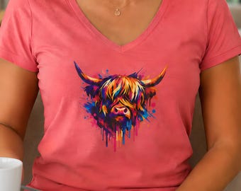 Women's Colorful Highland Cow Head T-Shirt | Watercolor Drip Cow Tee
