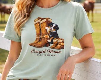 Cowgirl Mama Puppy Boots T-Shirt | Western Australian Shepherd Mom Tee