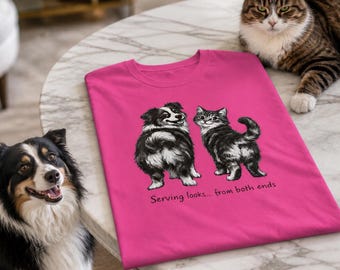 Women's Tee Australian Shepherd and Cat T-shirt, Serving Looks from Both Ends
