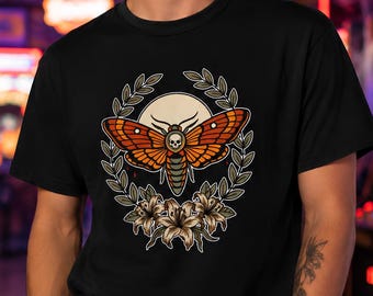 Adult/Teen Death's-head Moth T-shirt, Vintage Moth Floral Moon Design, Halloween