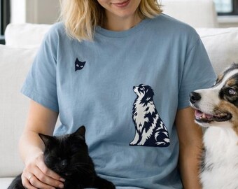 Australian Shepherd and Cat Peeking T-shirt | Minimal Dog and Kitty Silhouette Tee