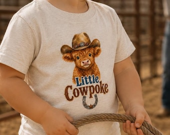 Little Cowpoke Toddler Tee, Highland Cow Calf, Cowboy Hat Horseshoe