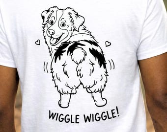 Australian Shepherd, Aussie Butt T-shirt with Small Front & Large Backside Design, "Wiggle Wiggle"