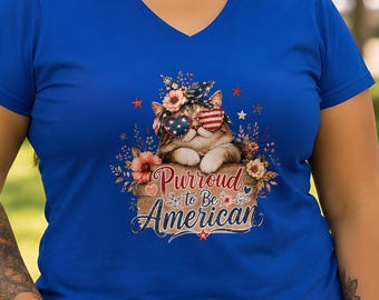 Patriotic Cat Women's V-Neck T-Shirt | Proudly American, 4th of July