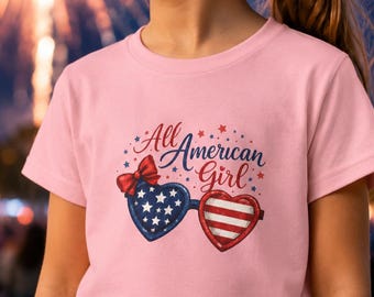 All American Girl Heart Sunglasses Youth Tee | USA flag hearts