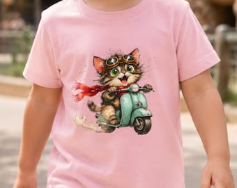 Cute Cat on Scooter Toddler Tee, Retro Vespa Kitten Illustration, Birthday Gift