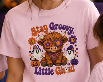 Adult Stay Groovy Little Ghoul T-shirt, Halloween Retro Highland Cow Design, Kids Version Available