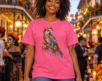 Adult Sugar Skull Parrot T-Shirt, Day of the Dead Floral Parrot Tee, Dia de los Muertos